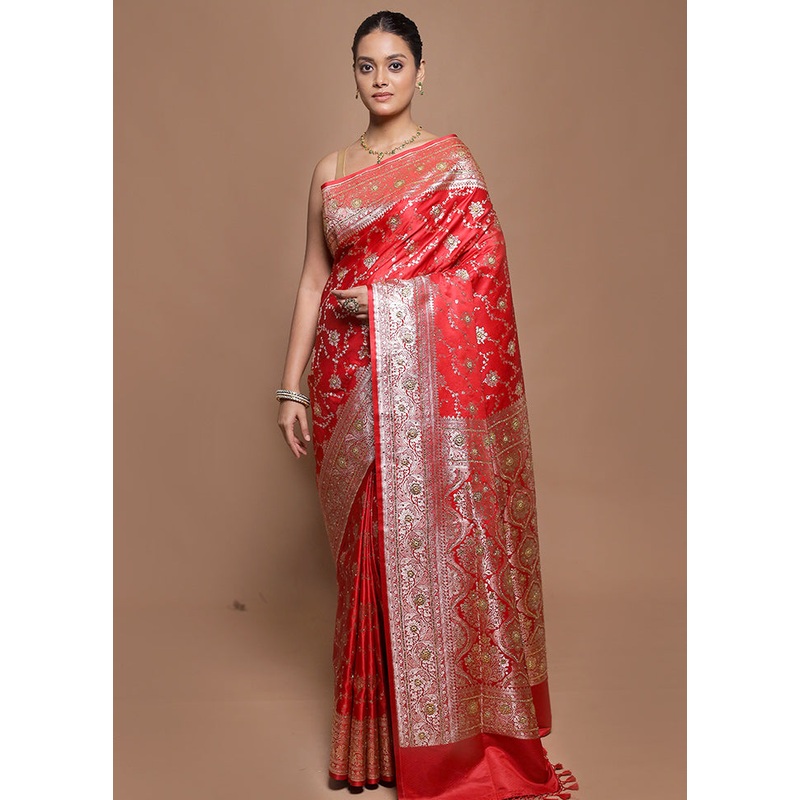 Red Banarasi Silk Saree With Blouse Piece - JD986599857