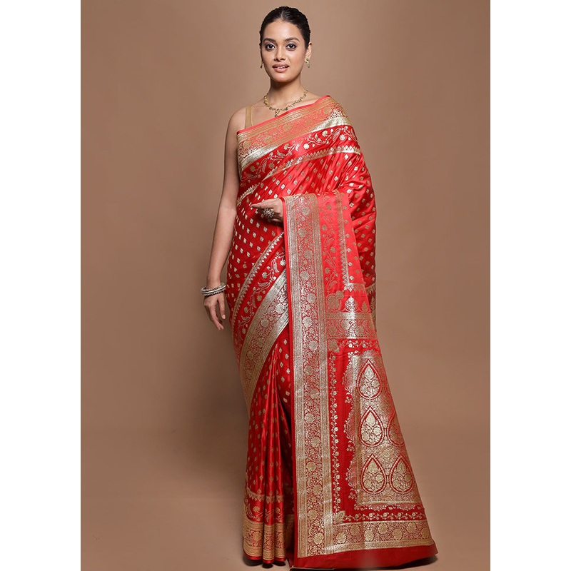 Red Banarasi Silk Saree With Blouse Piece - JD986599858