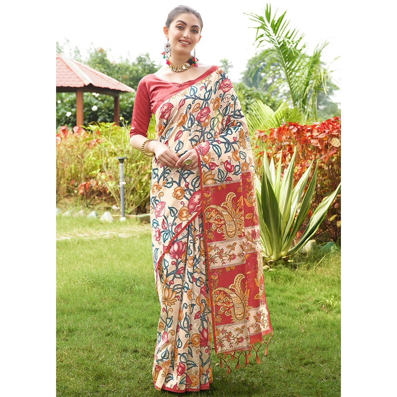 Red Tussar Silk Saree With Blouse Piece - JD986599968