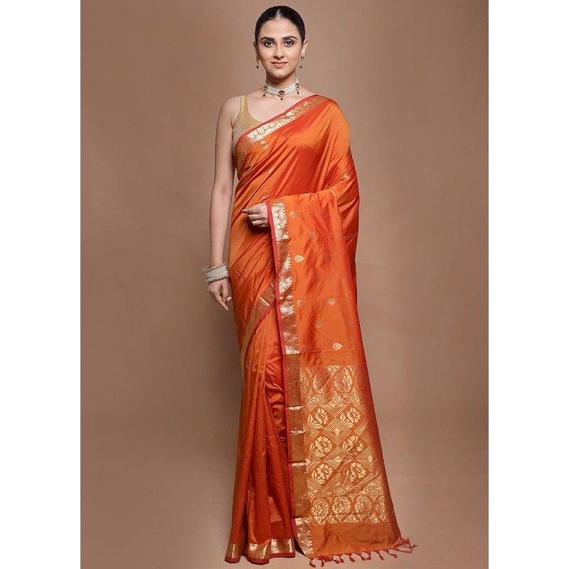 Rust Kanjivaram Silk Saree With Blouse Piece - JD986599847