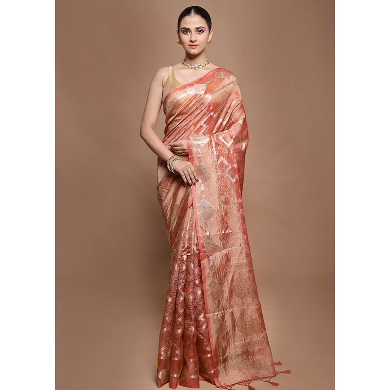 Rust Tissue Silk Saree With Blouse Piece - JD986599845
