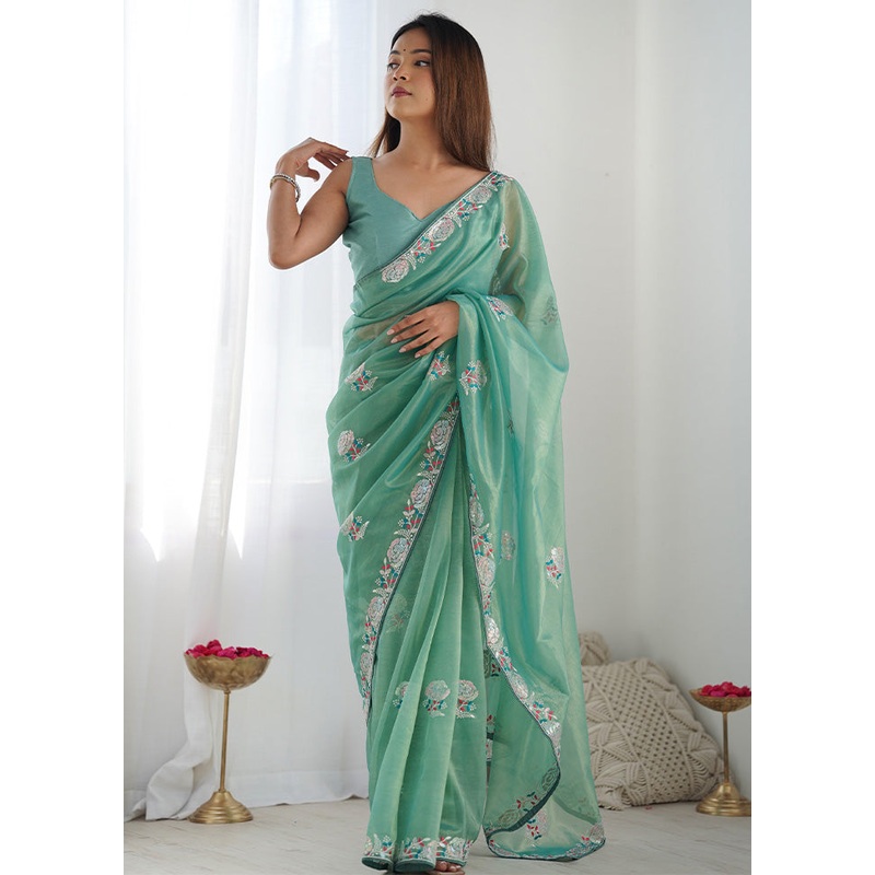 Sea Green Net Net Saree With Blouse Piece - JD986599965
