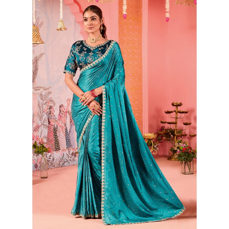 Sea Green Satin Silk Saree With Blouse Piece - JD986599964