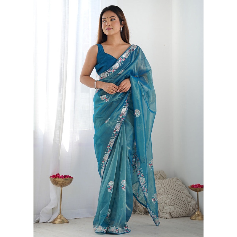 Teal Blue Net Net Saree With Blouse Piece - JD986599962