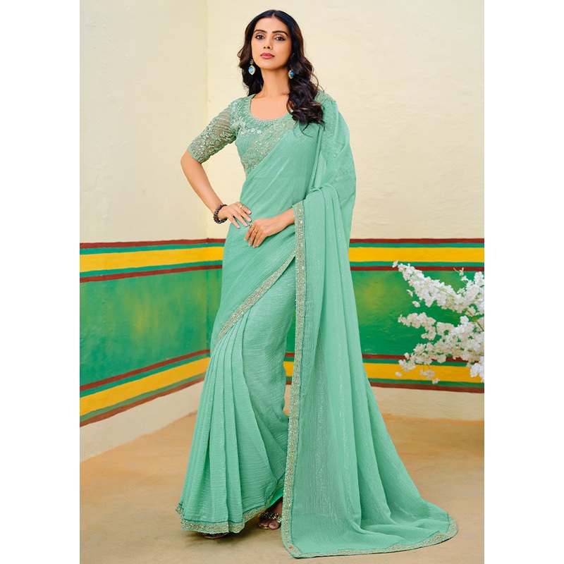 Teal Green Georgette Saree With Blouse Piece - JD986599961
