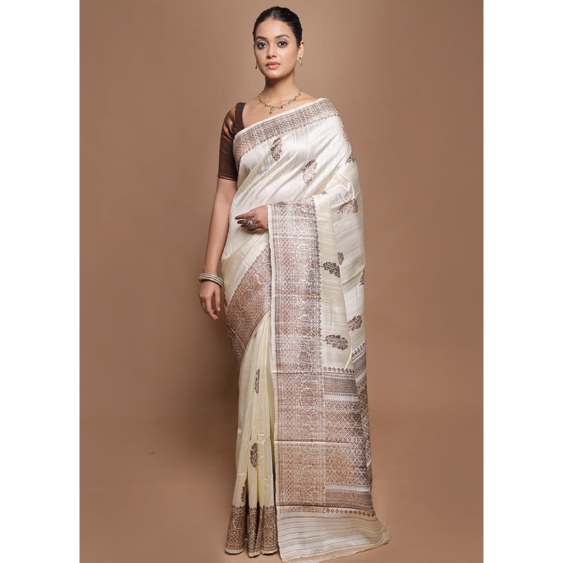 White Handloom Tussar Pure Silk Saree With Blouse Piece - JD986599844