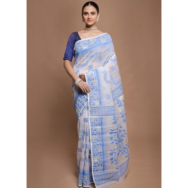 White Jamdani Cotton Saree Without Blouse Piece - JD986599843