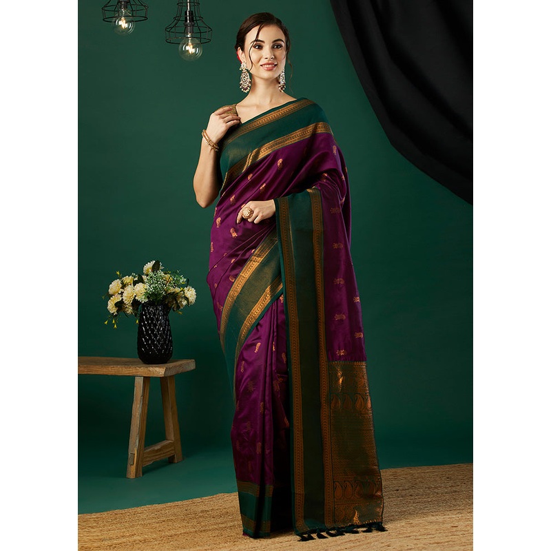 Wine Banarasi Silk Saree With Blouse Piece - JD986599957