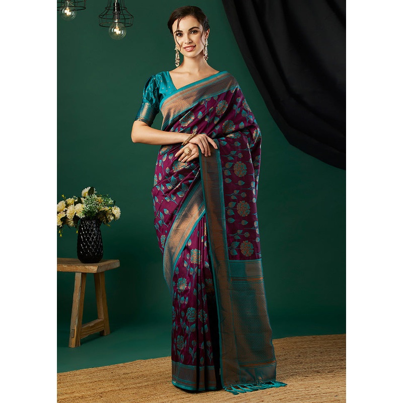 Wine Banarasi Silk Saree With Blouse Piece - JD986599958