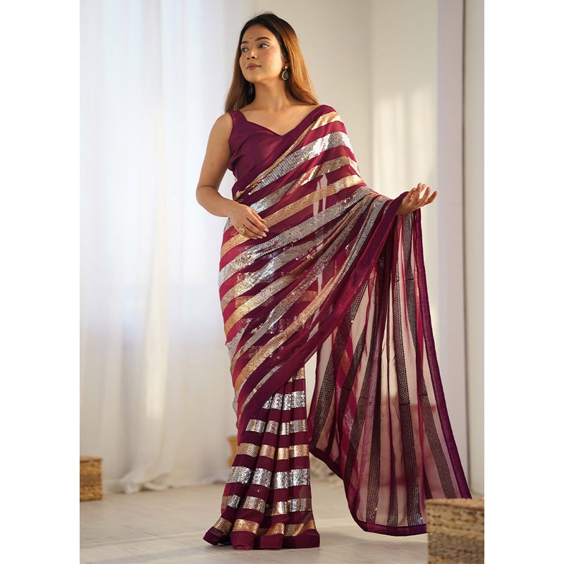 Wine Georgette Saree With Blouse Piece - JD986599956