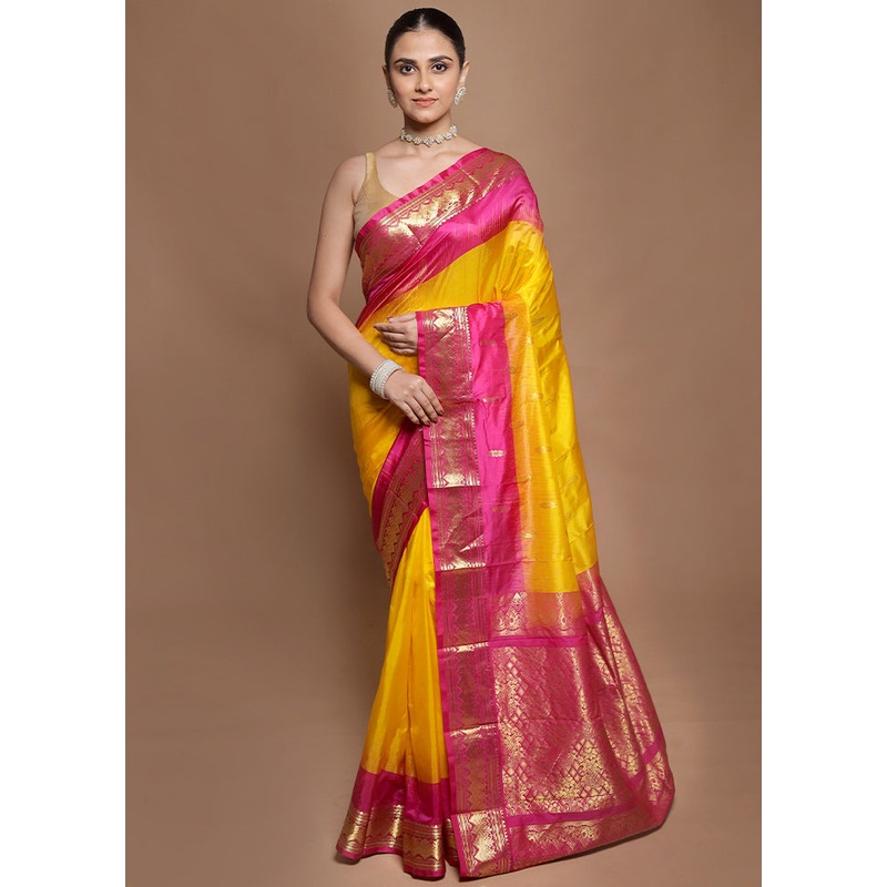 Yellow Handloom Kanjivaram Pure Silk Saree With Blouse Piece - JD986599842