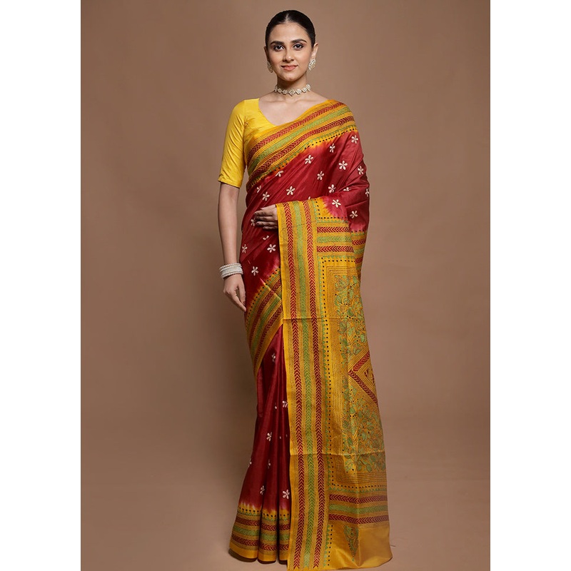 Yellow Handloom Kantha Stitch Pure Silk Saree With Blouse Piece - JD986599841
