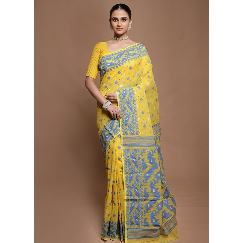 Yellow Jamdani Cotton Saree Without Blouse Piece - JD986599840