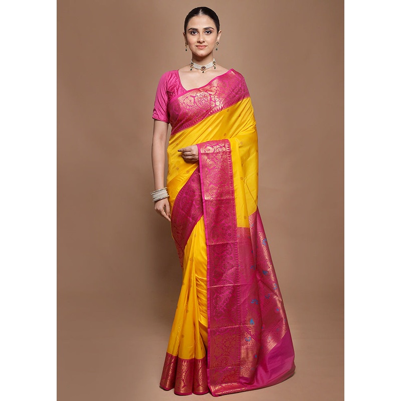 Yellow Kanjivaram Silk Saree With Blouse Piece - JD986599837