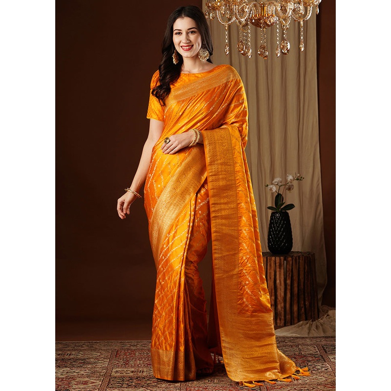 Yellow Satin Silk Saree With Blouse Piece - JD986599953