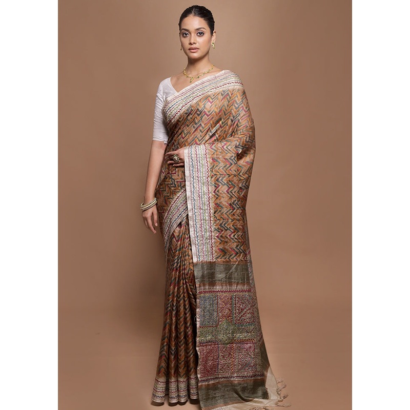 Yellow Tussar Silk Saree With Blouse Piece - JD986599835