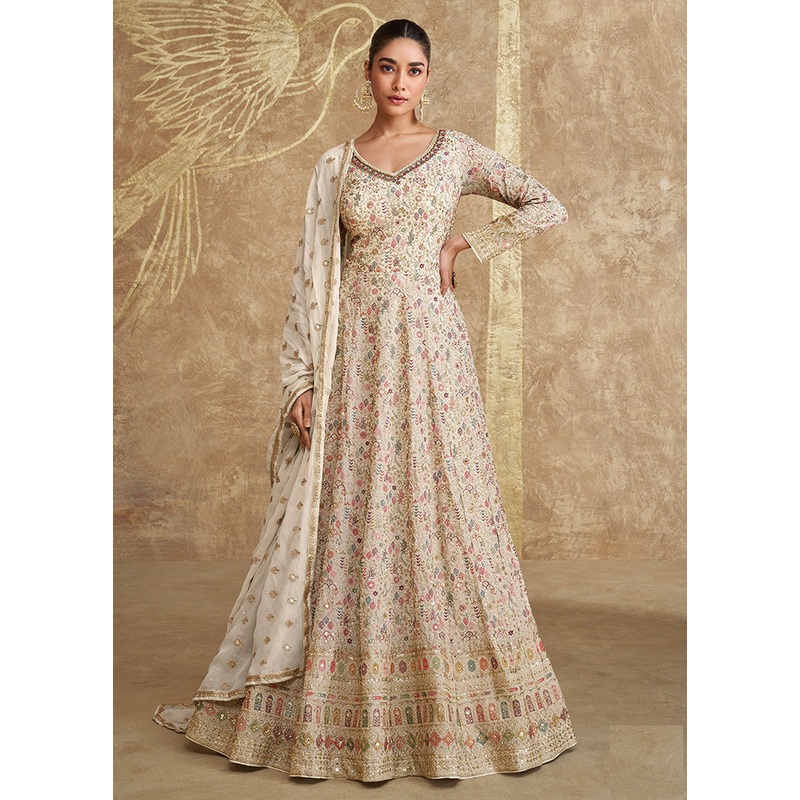 3 Pc Beige Semi Stitched Georgette Dupatta Suit Set - JD986599708