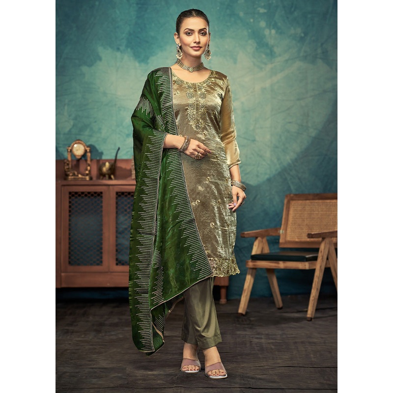 3 Pc Green Semi Stitched Silk Dupatta Suit Set - JD986599707
