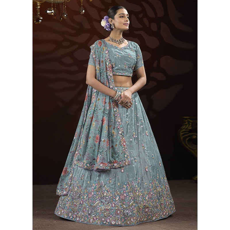 3 Pc Grey Silk Semi Stitched Lehenga Set - JD986599701