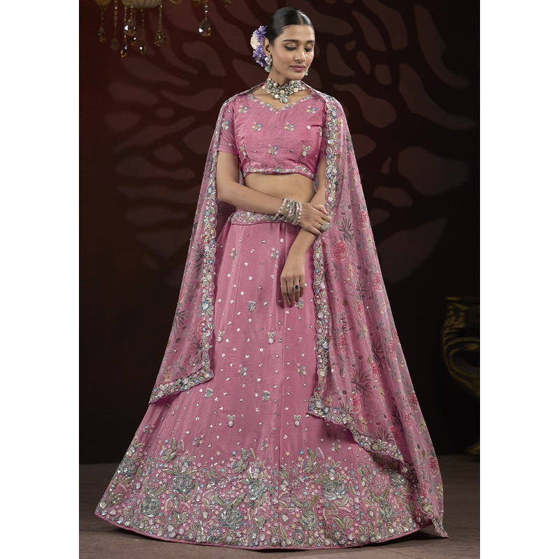3 Pc Pink Silk Semi Stitched Lehenga Set - JD986599700