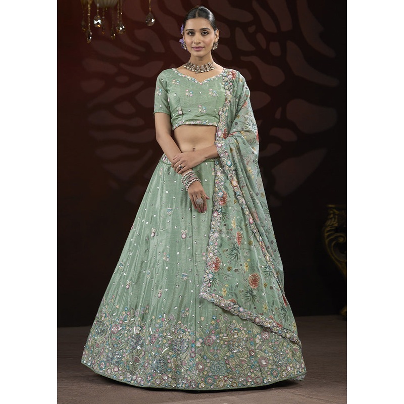 3 Pc Pista Green Silk Semi Stitched Lehenga Set - JD986599699