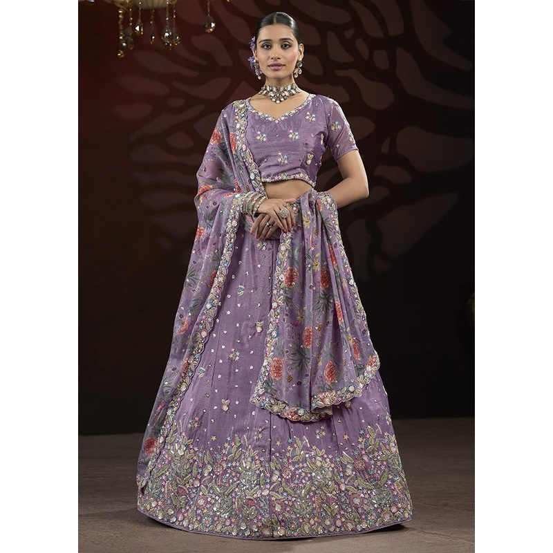 3 Pc Purple Silk Semi Stitched Lehenga Set - JD986599698