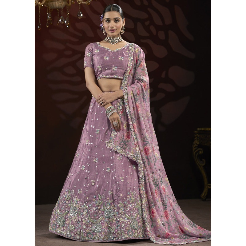 3 Pc Voilet Silk Semi Stitched Lehenga Set - JD986599697