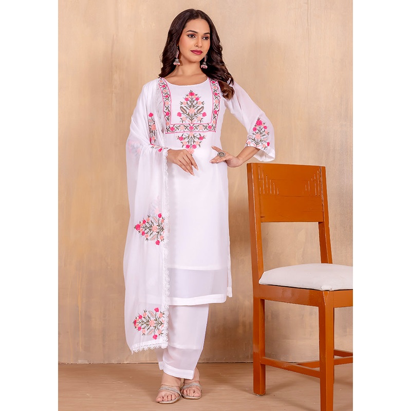 3 Pc White Readymade Georgette Dupatta Suit Set - JD986599722