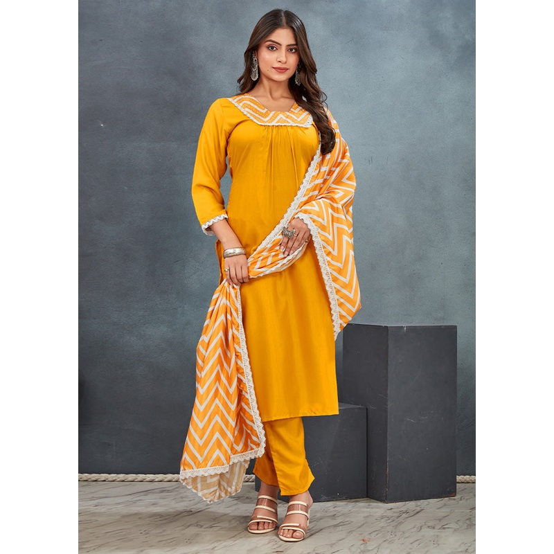 3 Pc Yellow Readymade Rayon Dupatta Suit Set - JD986599721