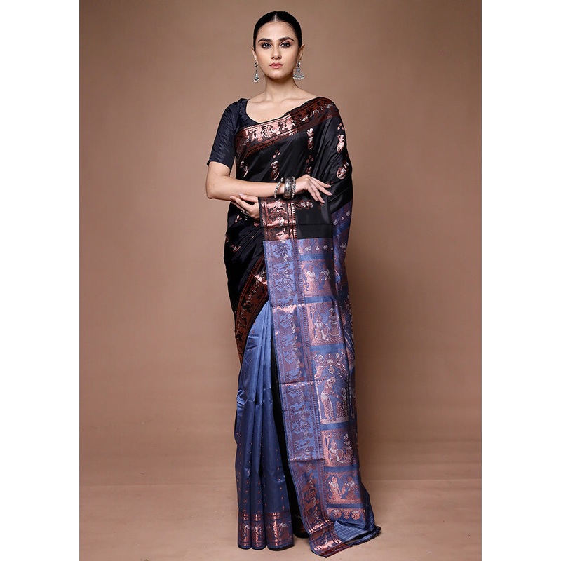 Black Handloom Baluchari Pure Silk Saree With Blouse Piece - JD986599694