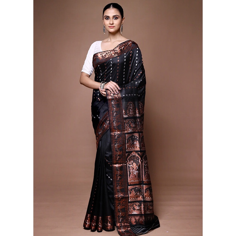 Black Handloom Baluchari Pure Silk Saree With Blouse Piece - JD986599695