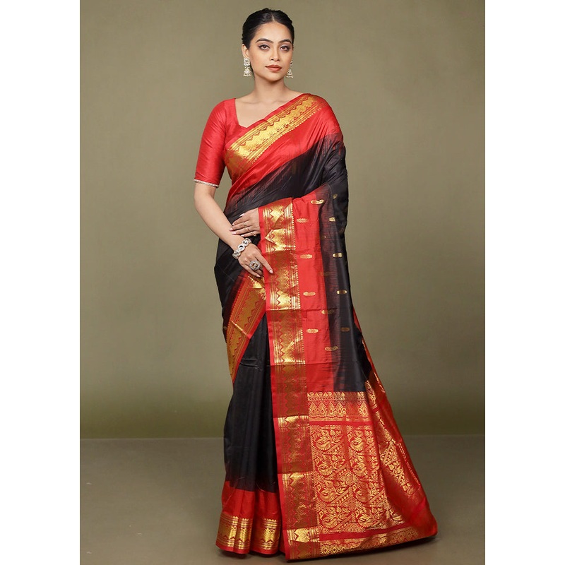 Black Handloom Kanjivaram Pure Silk Saree With Blouse Piece - JD986599757