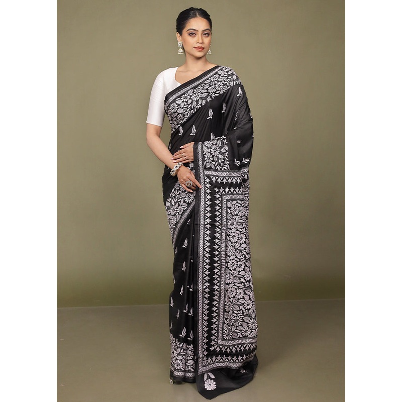 Black Handloom Kantha Stitch Pure Silk Saree With Blouse Piece - JD986599756