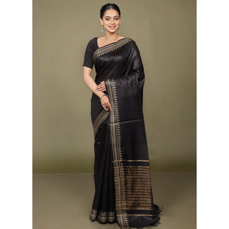 Black Handloom Tussar Pure Silk Saree With Blouse Piece - JD986599755