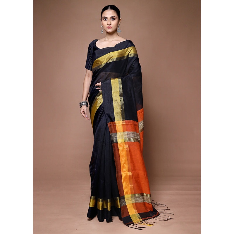 Black Matka Silk Saree With Blouse Piece - JD986599691