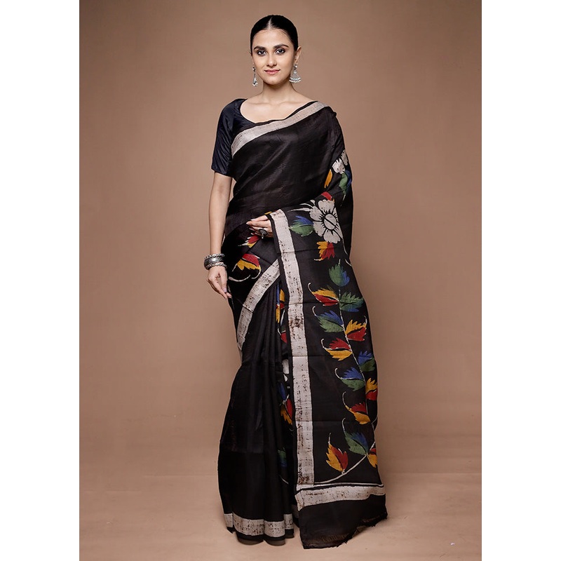 Black Printed Pure Silk Saree Without Blouse Piece - JD986599689