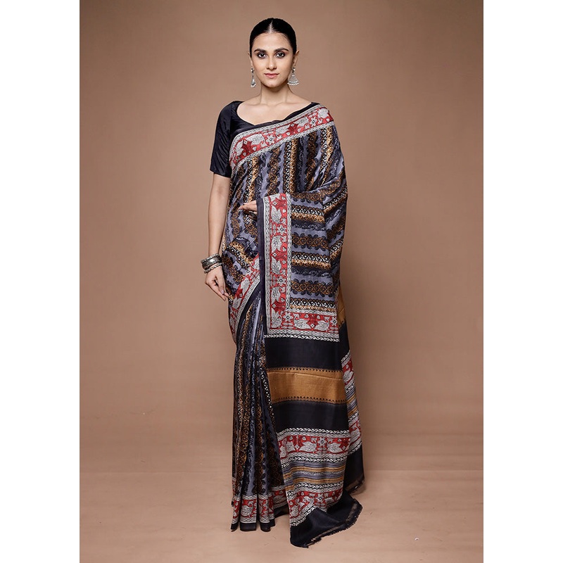 Black Printed Pure Silk Saree Without Blouse Piece - JD986599690