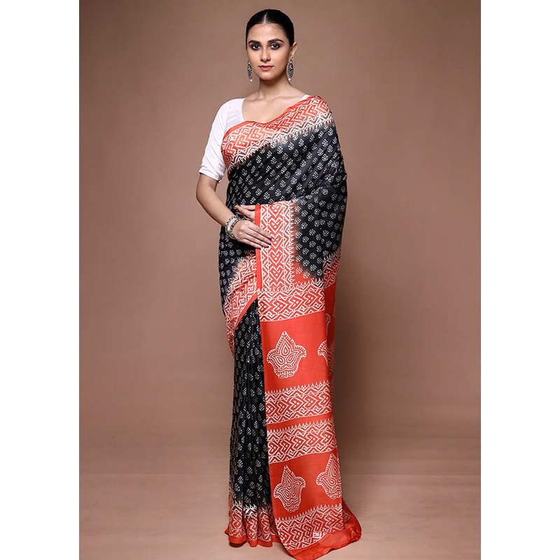 Black Printed Silk Saree Without Blouse Piece - JD986599688