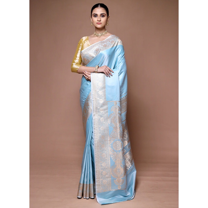 Blue Banarasi Silk Saree With Blouse Piece - JD986599684