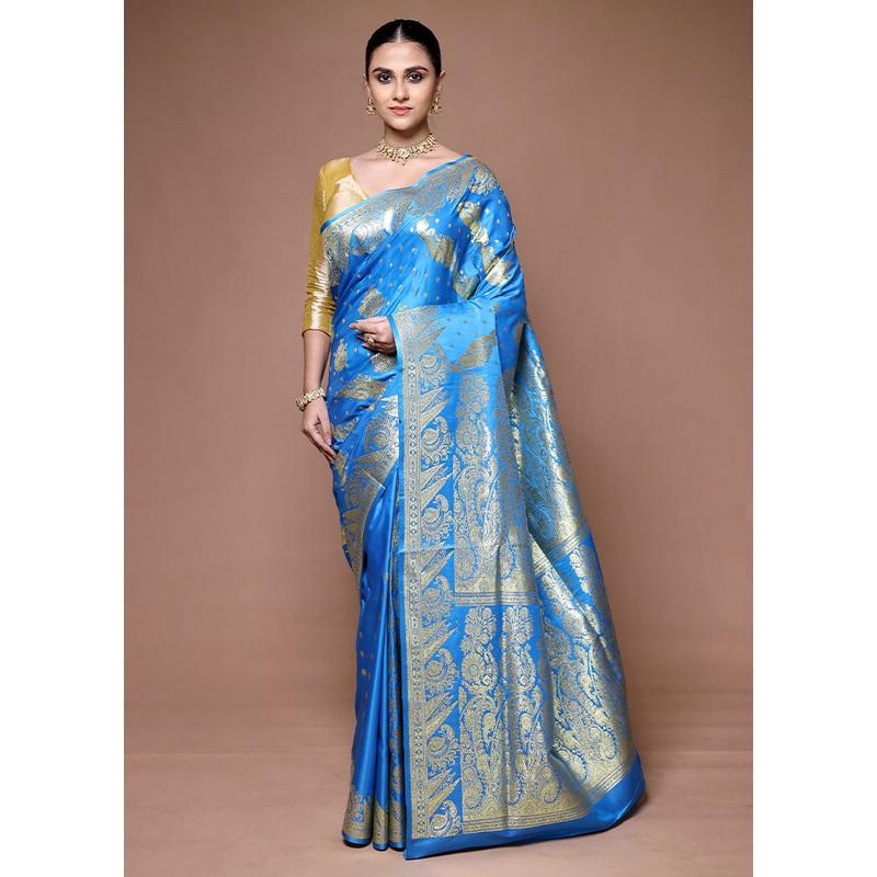 Blue Banarasi Silk Saree With Blouse Piece - JD986599685