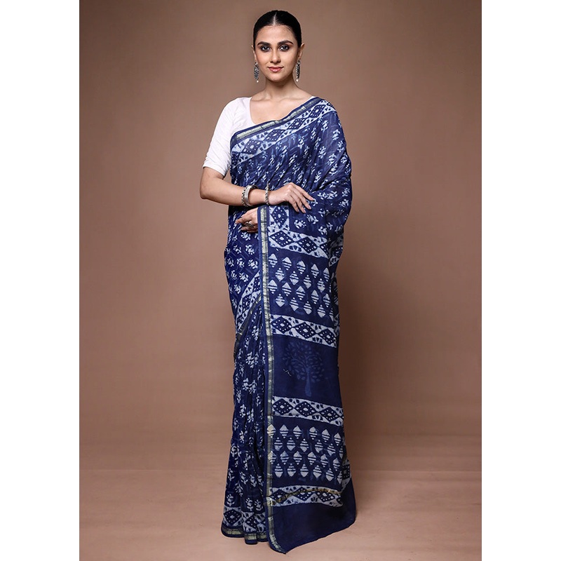 Blue Chanderi Cotton Saree With Blouse Piece - JD986599681