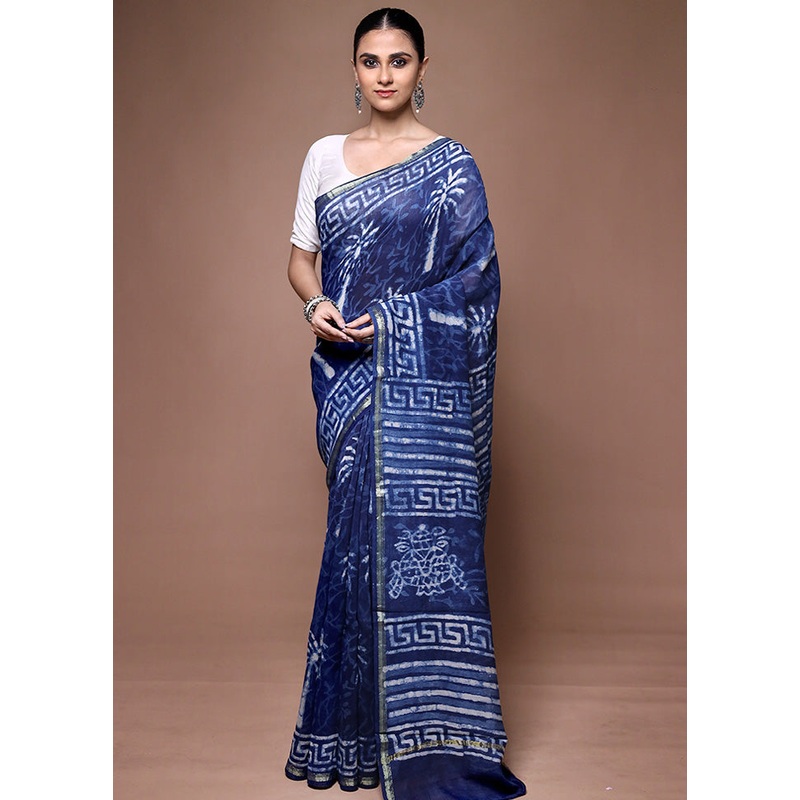 Blue Chanderi Cotton Saree With Blouse Piece - JD986599682