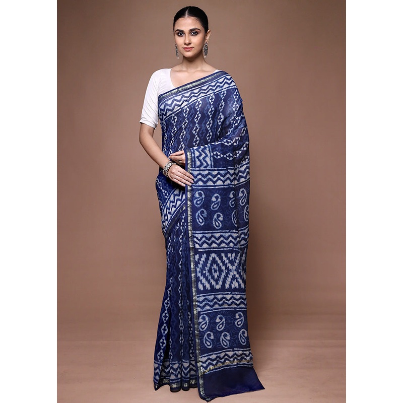 Blue Chanderi Cotton Saree With Blouse Piece - JD986599683