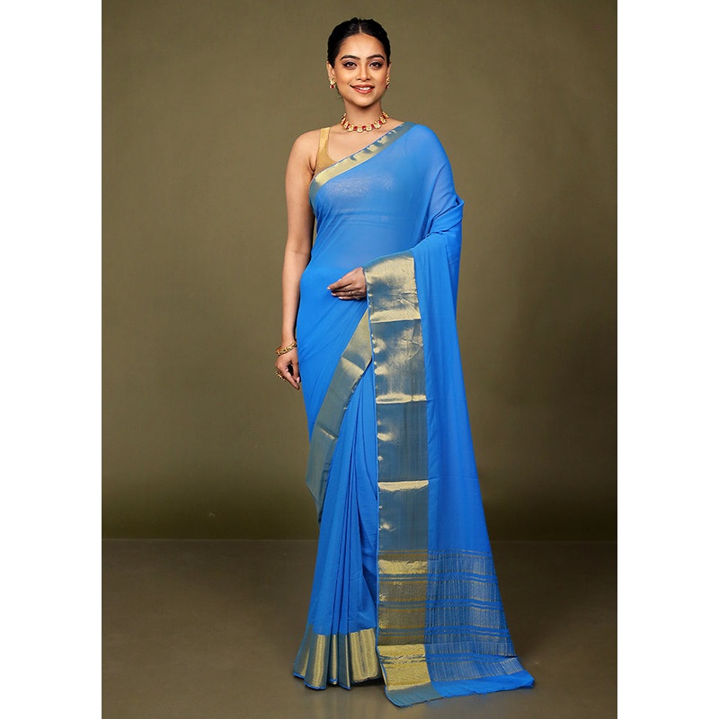 Blue Chiffon Silk Saree With Blouse Piece - JD986599753