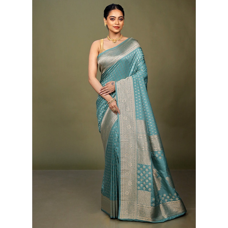 Blue Dupion Silk Saree With Blouse Piece - JD986599750