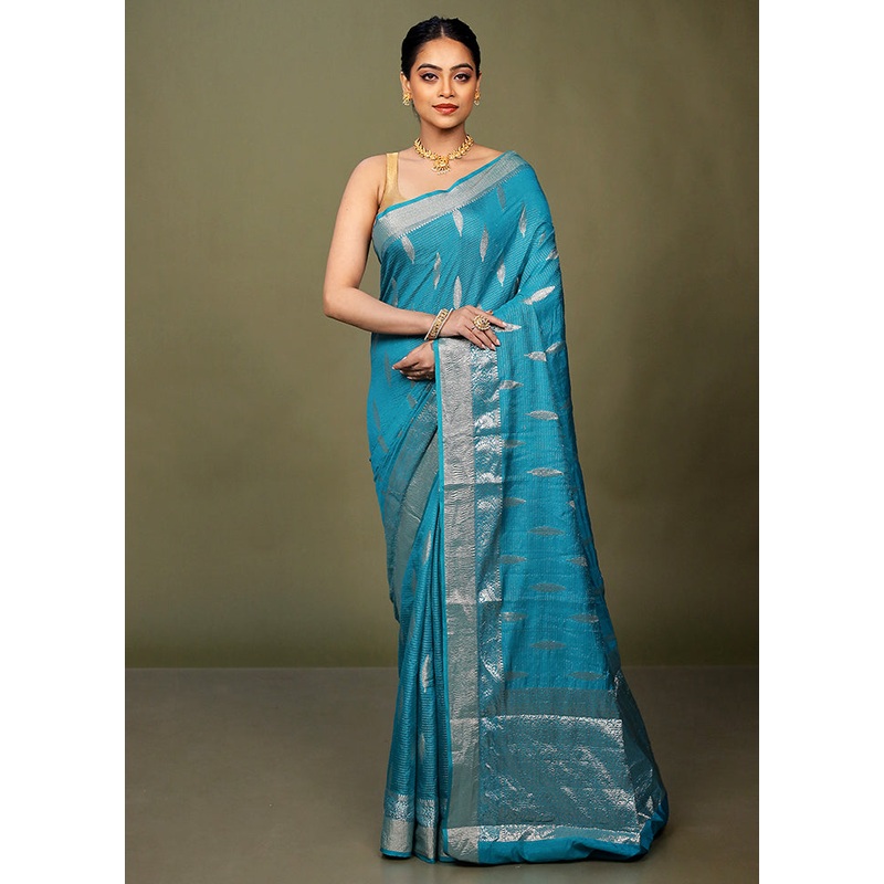 Blue Dupion Silk Saree With Blouse Piece - JD986599751