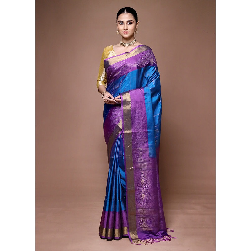Blue Handloom Kanchipuram Pure Silk Saree With Blouse Piece - JD986599680