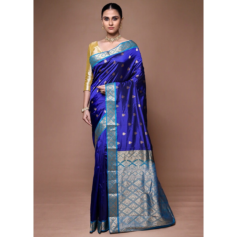 Blue Handloom Kanjivaram Pure Silk Saree With Blouse Piece - JD986599679