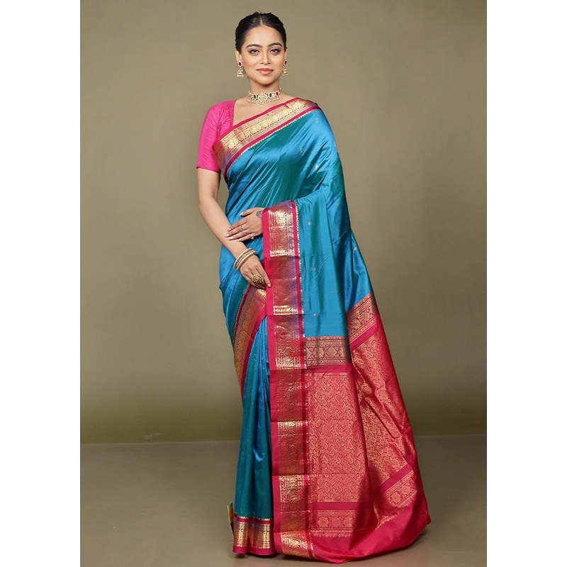 Blue Handloom Kanjivaram Pure Silk Saree With Blouse Piece - JD986599746