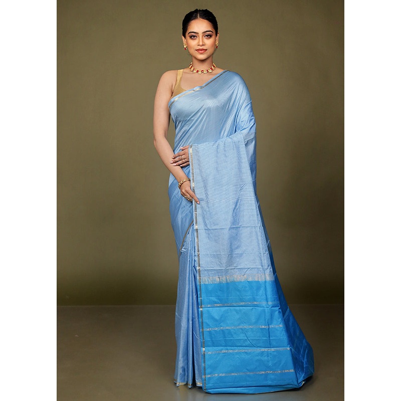 Blue Handloom Kanjivaram Pure Silk Saree With Blouse Piece - JD986599747